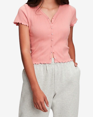 Teen Pointelle V-Neck Button-Front T-Shirt